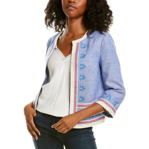 J. McLaughlin Beatrix Blue Chambray Embroidery Linen Blend Open Jacket Women's L - Picture 9 of 11